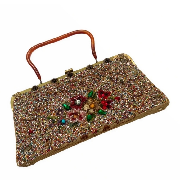 SOURE’ 1950s Beaded Handbag – Jeweled Rose Embellished Vintage Top Handle Purse